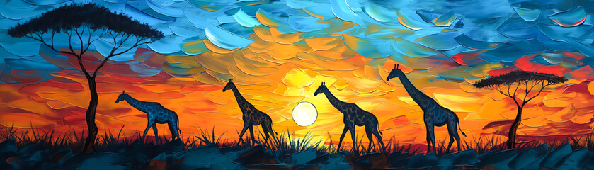 Wall Mural - golden hour sunset in a surreal african safari landscape, artwork with baobab trees, giraffe, animals, twilight, brush strokes, painting
