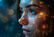 Technological background with lights reflected in a female face. Artificial intelligence. Systems development. AI generated