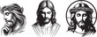 thoughtful and troubled portraits of Jesus, frontal and profile views, black vector graphic laser cutting engraving