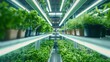 Vertical farming indoors, layers of cartoon plants growing under LED lights