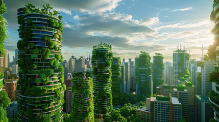 Sticker - A skyline dominated by sleek, eco-friendly skyscrapers featuring rooftop gardens, vertical farms, and green spaces,