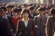 Crowd of Asian people walking city street in 1980s