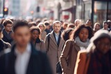 Fototapeta Londyn - Crowd of people walking on a city street