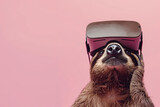 Fototapeta Do akwarium - Tech-Savvy Sloth: Happy Sloth in Virtual Reality Headset on Pastel Pink Background. With blank copy space. Technology and virtual reality.