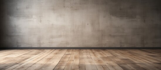 Wall Mural - An empty room with hardwood flooring in brown wood stain, a concrete wall painted in grey, creating a rectangular pattern resembling a road surface