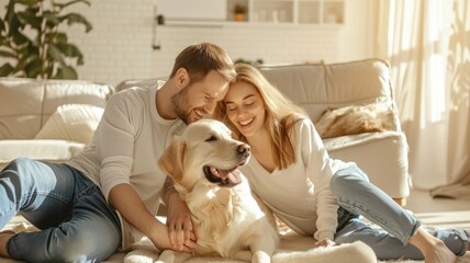 Wall Mural - happy people at home with favorite pet , love and friendship of human and animal pragma