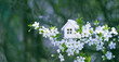 spring nature background. miniature toy house on cherry flowers tree, abstract natural backdrop. concept of mortgage, construction, rental, property. family, eco-home symbol.