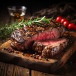 Delicious grilled pork beef steaks sliced and Barbecue chuck beef ribs with wooden cutting board