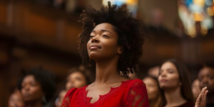 Black woman in red dress praising with raised hand during church service. Concept Black Women, Red Dress, Church Service, Religious, Praising