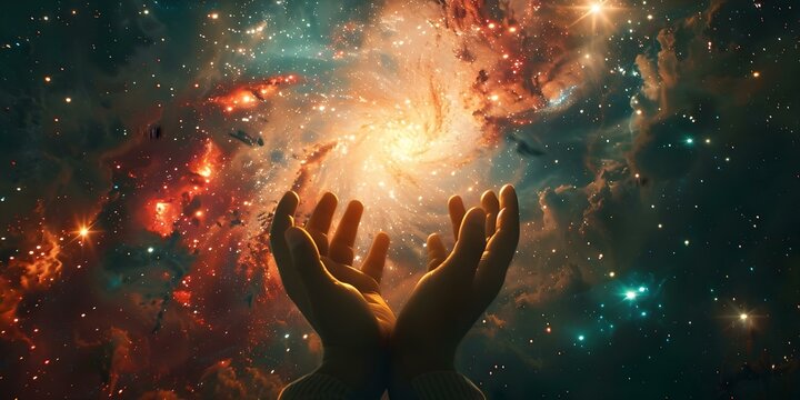 Celestial hands in praise amidst cosmic background radiating spiritual energy. Concept Spiritual Energy, Celestial Background, Praise Gesture, Cosmic Vibes, Heavenly Hands