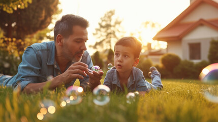 Sticker - joyful family is playing with soap bubbles in a sunlit park