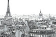 city skyline with eiffel tower, black and white, grunge, roofs, silhouette