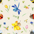 Cute childish seamless pattern with hand drawn cartoon Butterfly. Background with butterflies for kids. Great for birthday, fabric, textile, cards, wrapping. Watercolor illustration