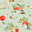 Hand Drawn Seamless Watercolor Pattern with Cute Mushrooms and Forest Animals. Cute drawing doodle cartoon characters. Design for scrapbooking, paper goods, background, wallpaper, fabric 