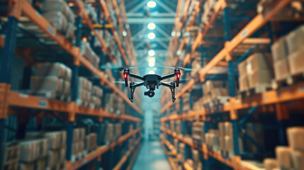 Wall Mural - Drone in the warehouse, autonomous delivery robot is flying in storehouse shipping