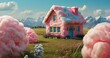 Craft an ultra-realistic image of a charming little house made of cotton candy set in a pastel meadow. Pay meticulous attention to the details of the cotton candy structure-AI Generative
