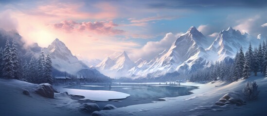 Canvas Print - A picturesque natural landscape painting depicting a snowy mountain range with an ice cap, a river running through it, under a cloudy sky