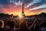 Fototapeta Paryż - Crowd of supporters at a sports event at the Eiffel tower in Paris France, illustration for Olympic games in summer 2024 imagined by AI generative - not the actual event