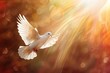 Winged dove with copy space. death and resurrection and easter dove flying out of a stone tomb concept. Silhouette of spiritual pigeon bird flying . Christianity symbol of Holy Spirit. Blessing of God