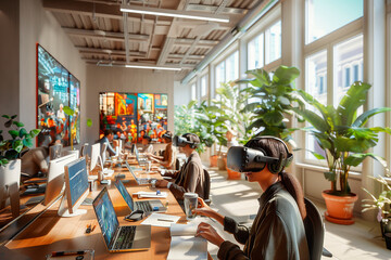 An office environment with employees collaborating using virtual reality headsets.Virtual reality headset woman at office desk in building