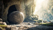 A conceptual image of the stone rolling away from the tomb entrance, symbolizing the breaking of barriers, with copy space
