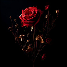 Red Rose, Long Stem, Withered, On A Black Background, Isolate