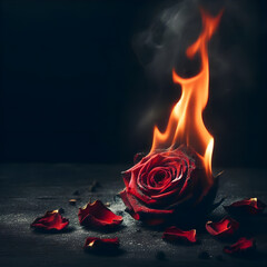 Wall Mural - One rose, long stem, thorns, withered, petals on fire On a black background