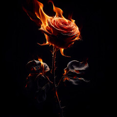 Wall Mural - One rose, long stem, thorns, withered, petals on fire On a black background