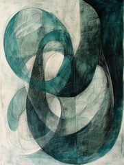 An abstract painting featuring a blend of green and white colors with dynamic brushstrokes and layers creating a sense of movement.