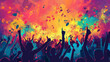 Musikfestival Werbung Plakat abstrakt und bunt in neonfarben mit feiernden Menschen Generative AI