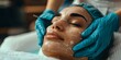 Skincare professional performing chemical peel treatment on clients face in spa . Concept Skincare Treatment, Chemical Peel, Spa Session, Beauty Procedure, Facial Care