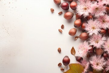 Nutty delights amidst rose blossoms: hazelnuts burst forth with a touch of nature's whimsy. Copy space