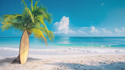 Wall Mural - Surfboard on a beautiful beach with palm trees near the turquoise ocean