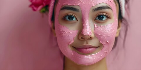 Wall Mural - Asian Beauty: Woman with Pink Clay Face Mask for Skin Softening. Concept Beauty, Skincare Routine, Facial Mask, Asian Woman, Pink Clay