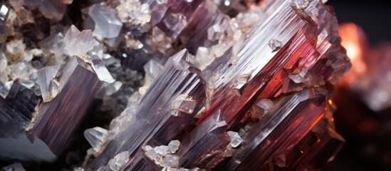 Sticker - A macro shot of a rock covered in vibrant magenta crystals, resembling a piece of art. Its intricate details could inspire a building design or be captured in a painting