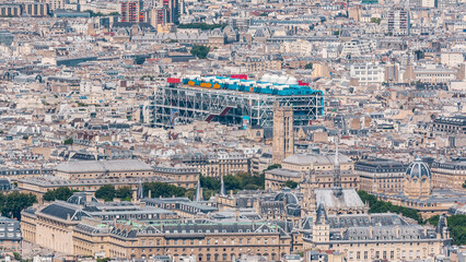 Sticker - Top view of Paris skyline from observation deck of Montparnasse tower timelapse. Main landmarks. Paris, France