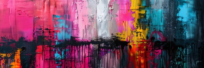 Wall Mural - Vibrant abstract painting with vivid colors - Modern abstract painting with bold splashes of pink, red, white, blue, and black paint across a canvas