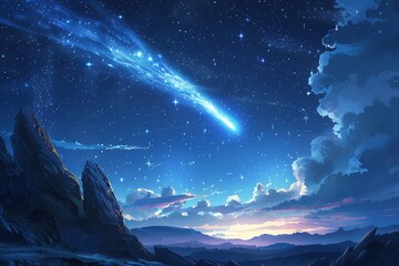 Wall Mural - Illustration of a bright comet in the night starry cloudy sky flies over a rock valley to sunrise