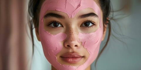 Wall Mural - Gorgeous Asian woman using a pink clay face mask for sensitive skin. Concept Skincare Routine, Asian Beauty, Pink Clay Face Mask, Sensitive Skin Care, Beauty Self-care