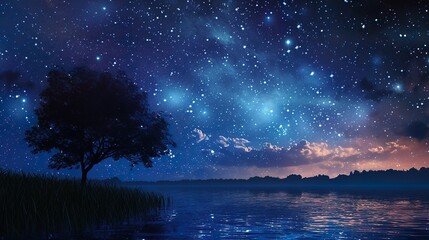 Wall Mural - Sky background at night with bright stars The image of the dark sky filled with stars is beautiful and magical. Simulated and realistic images of memories of a night with a hazy sky and bright stars.
