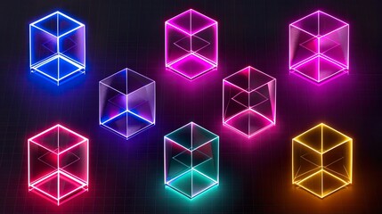 Wall Mural - neon cube grid motif, neon motif with 3d neon cubes grid in space colorful lights neon cubes on black