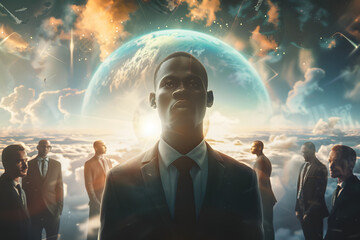 Wall Mural - multiverse man, multicultural world, front plane, hyperrealistic, team of people behind him, dream