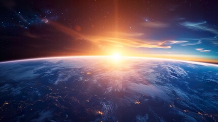 Wall Mural - Sunrise over the planet Earth concept with a bright sun and flare and city lights panoramic