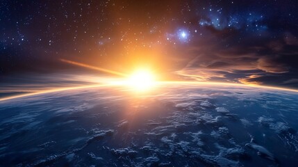 Wall Mural - Sunrise over the planet Earth concept with a bright sun and flare and city lights panoramic