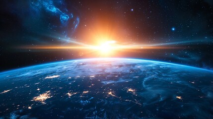 Wall Mural - Sunrise over the planet Earth concept with a bright sun and flare and city lights panoramic