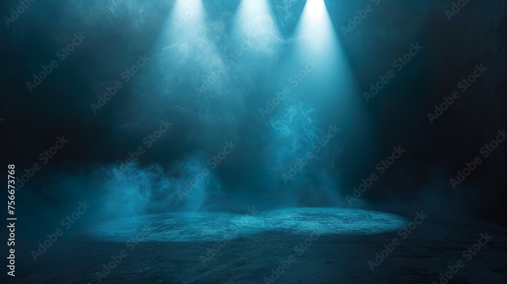 A dark empty street, dark blue background, an empty dark scene, neon light, spotlights The asphalt floor and studio room with smoke float up the interior texture. night view