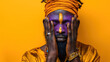 Photo of an African man with purple face paint, wearing orange turban and yellow paint covering on his face. The hands on the cheeks display gold rings, adding to its cultural richness