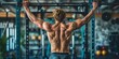 Athletic man showcasing Crossfit skills in a gym from behind. Concept Crossfit Training, Gym Workout, Fitness Motivation, Athletic Lifestyle, Strength and Conditioning