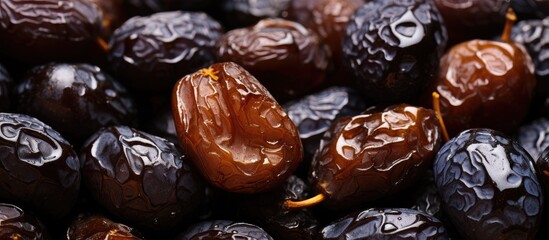 Canvas Print - A close up of a pile of dates, a superfood fruit, on a table. Dates are a natural food ingredient commonly used in dishes from various cuisines