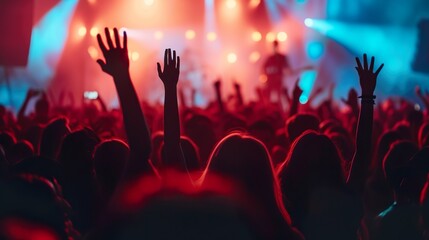 Canvas Print - a crowded concert hall with scene stage lights , rock show performance, with people silhouette, on d